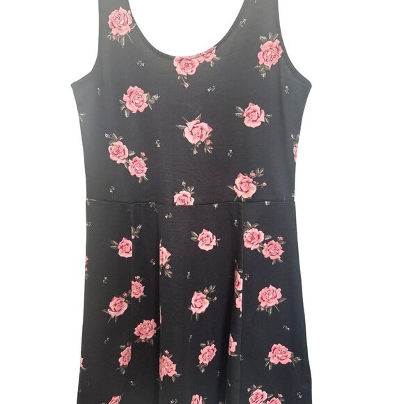 H&M Divided Girls Tank Dress Black & Pink Roses Sleeveless Skater Dress‎ Size S - Picture 2 of 5